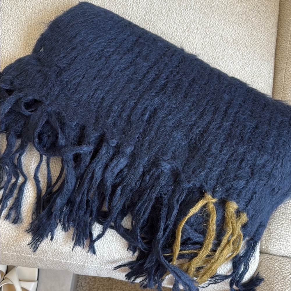 Chan Lu Cozy Fringe Knit Scarf in Navy and Mustard